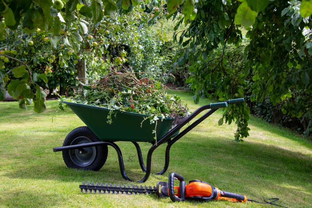 Man sieht einen gepflegten Garten in Goeppingen. Im Vordergrund steht eine Schubkarre mit Gartenabfällen und einer Motorsense